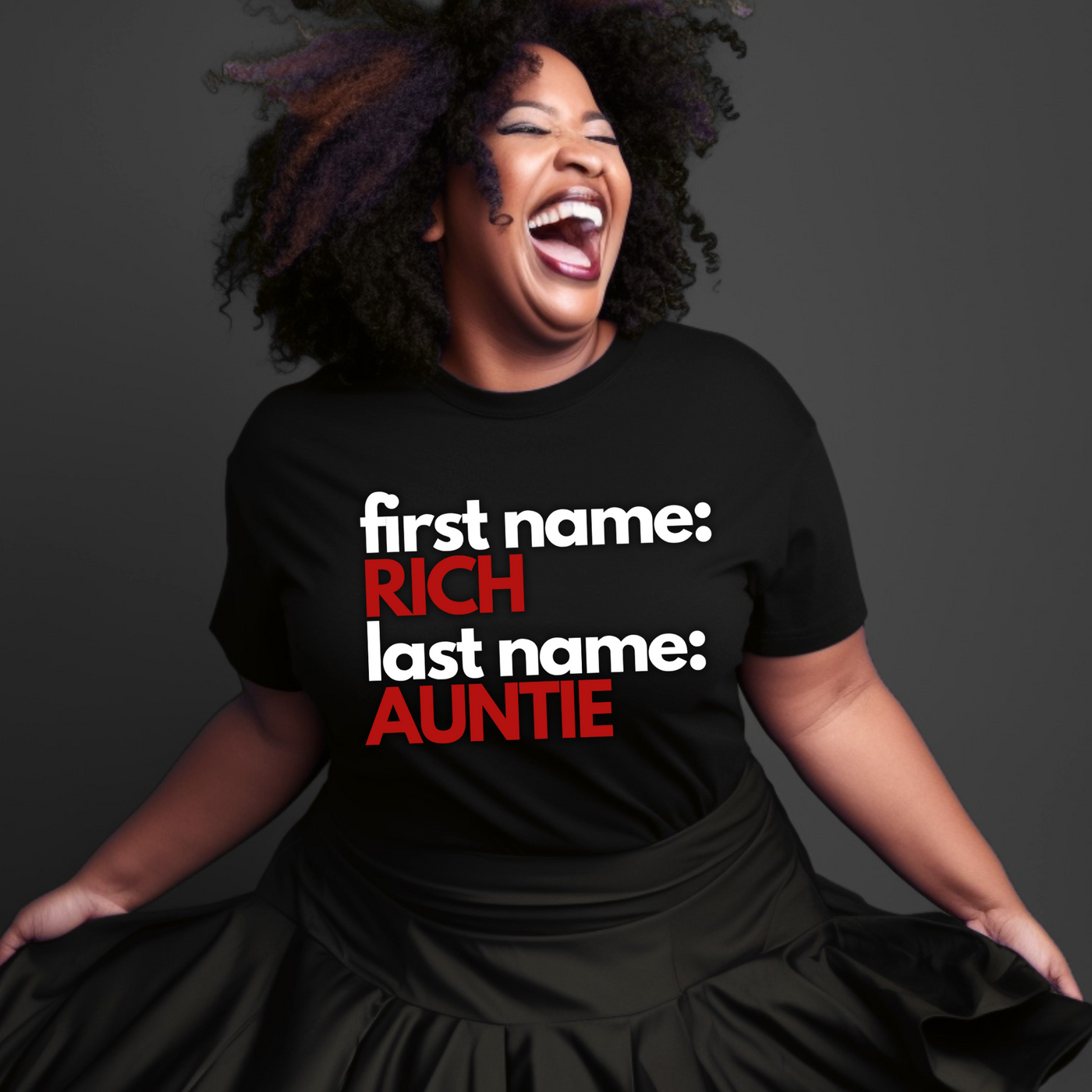 First Name Rich Last Name Auntie Women's Black T-Shirt