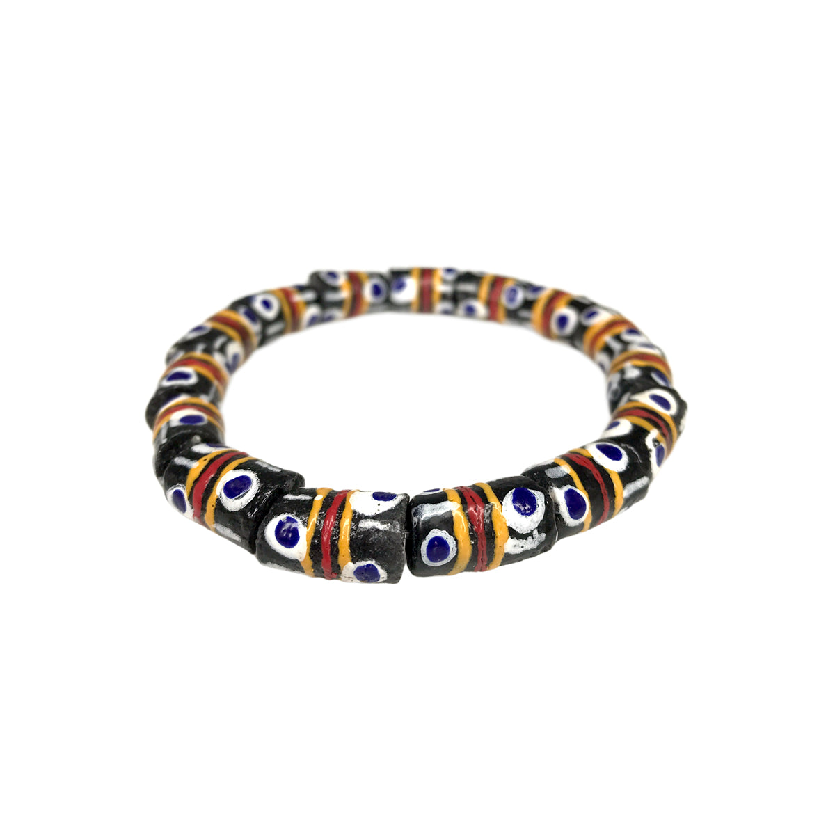 African Ebony Wood Bead w- Silver Inlay, Ghana Black Krobo Glass Bead and Kenya Bone Bead Bracelet Set