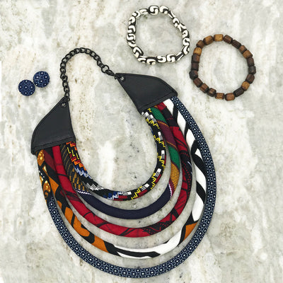 African Kuba Print Necklace | Black, Blue, White and Fiery Red Collar | Congo Jewelry | Rope Necklace | Cloth & Cord