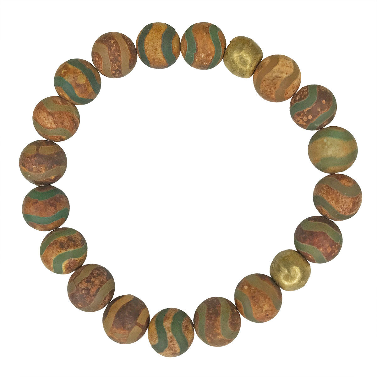 Brown with Olive Striped Beads with Two Brass Beads Bracelet