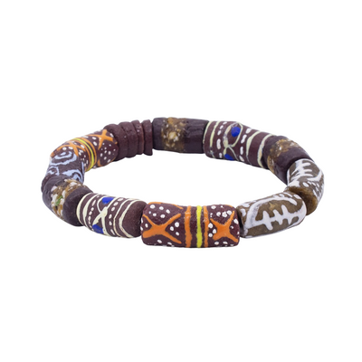 African Ebony Wood Bead w- Silver Inlay , Ghana Brown Krobo Glass Bead and Kenya Bone Bead Bracelet Set