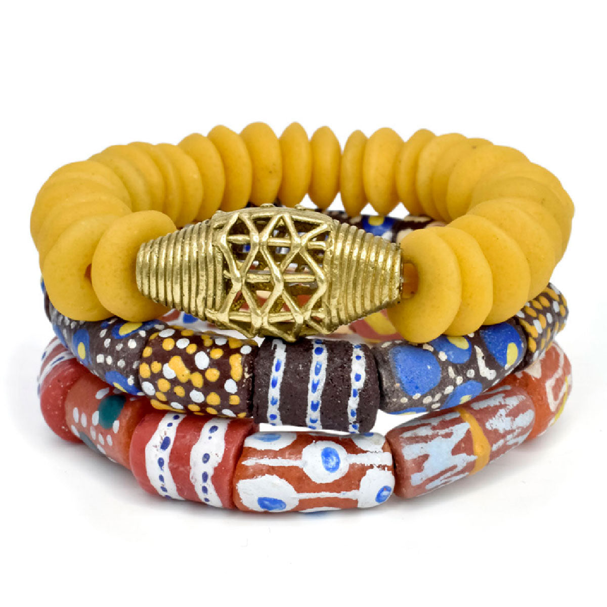 Ghana African Krobo Glass Bead Set - Yellow, Red and Brown Krobo Glass Beads - African Brass Bead Bracelet Set