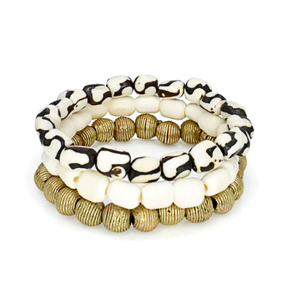 African Kenya White and Batik Bone Bead and Brass Bead Bracelet Set