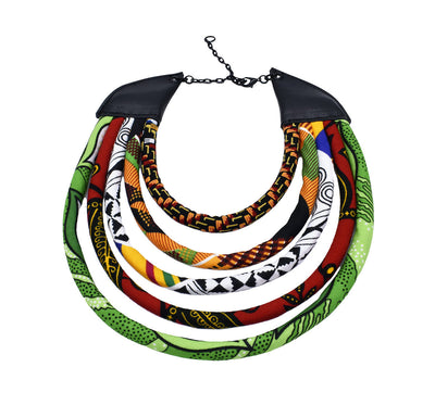 African Jewelry for Women | African Wax Necklace  | Queen Africa Print Bib Necklace and Choker Set | Maasai Jewelry | Red, Yellow, Green, Black | Afrocentric | Cloth & Cord