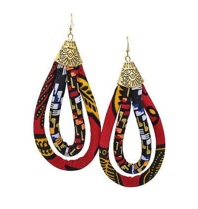 African Tribe Jewelry | Red Africa Earrings | Ankara African Double Loop Earrings | Red, Black, Yellow | African Hoop Earrings | Ethnic Hoops | Cloth & Cord