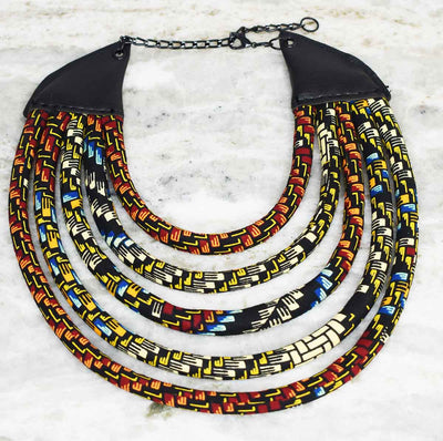 African Jewelry Necklace | Ketepa Print Jewelry | The Monarch African Bib Necklace | Ketepa 5 Strand Bib Necklace | Afrocentric Collar | Cloth & Cord