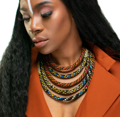 African Jewelry Necklace | Ketepa Print Jewelry | The Monarch African Bib Necklace | Ketepa 5 Strand Bib Necklace | Afrocentric Collar | Cloth & Cord