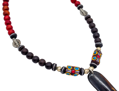 African Maroon, Brown Wood Bead and krobo bead Necklace | Cloth and Cord