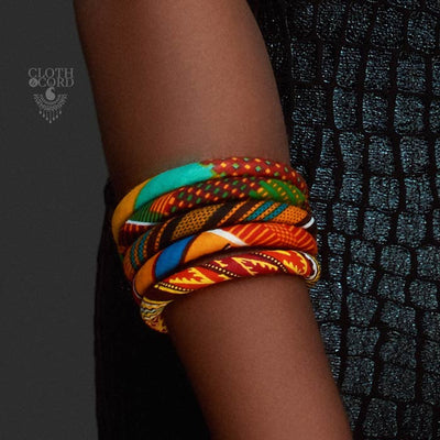 African Kente Bracelet | African Wrist Band | Sunkissed Marula Bracelet | Kente Print Bangel | African Tribe Jewelry | Afrocentric | Orange, Black, Blue, Green | Cloth & Cord