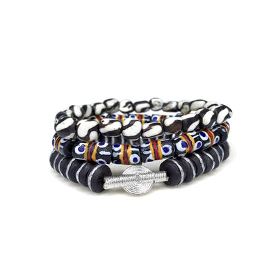 African Ebony Wood Bead w- Silver Inlay, Ghana Black Krobo Glass Bead and Kenya Bone Bead Bracelet Set