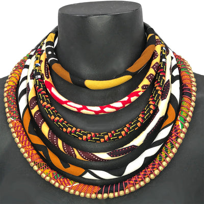 Gold African Print Bib Necklace & Choker Set | Women | African Wax Necklace and Choker | Maasai Jewelry | Gold, Maroon, Brown, Blue | Afrocentric | Cloth & Cord