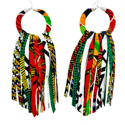 Africa Tassel Earrings - Fringe Wax Print Earrings - Green yellow red black Ankara Earrings -