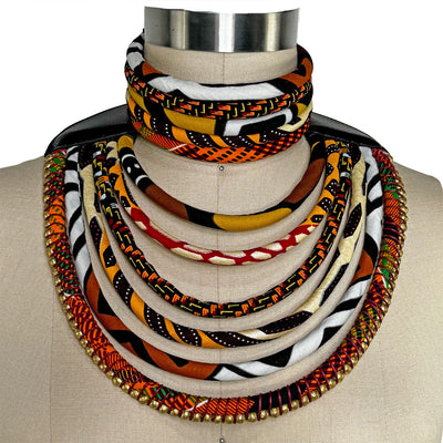 Gold African Print Bib Necklace & Choker Set | Women | African Wax Necklace and Choker | Maasai Jewelry | Gold, Maroon, Brown, Blue | Afrocentric | Cloth & Cord