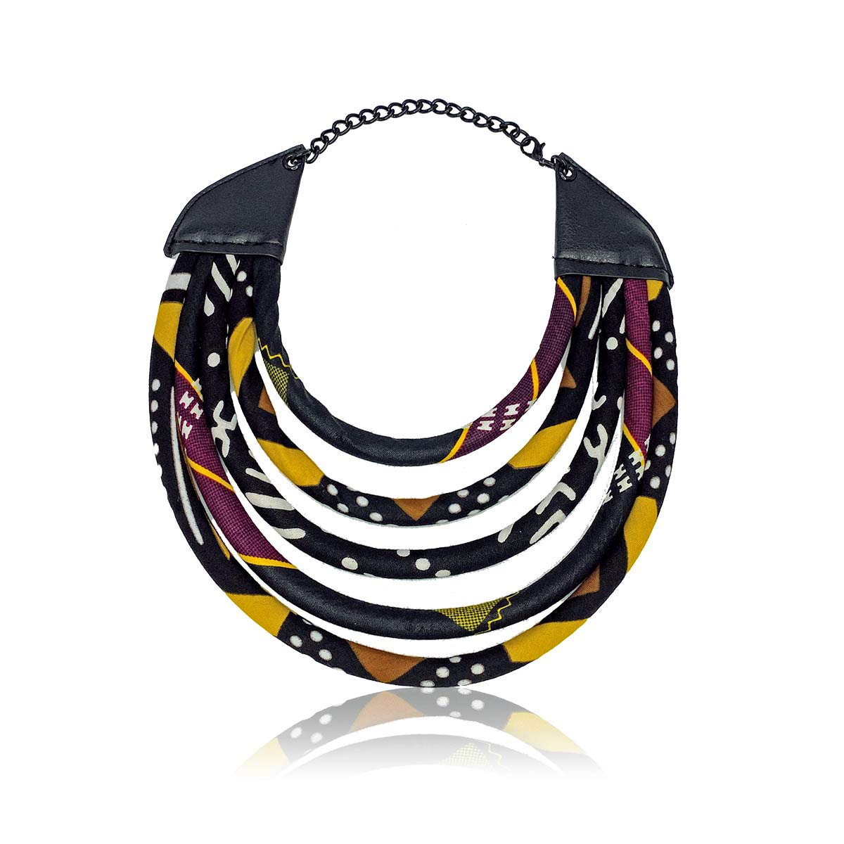 African Mali Mud Print Necklace | Black, Yellow, Gold, Purple and Brown Rope Necklace | Cloth & Cord