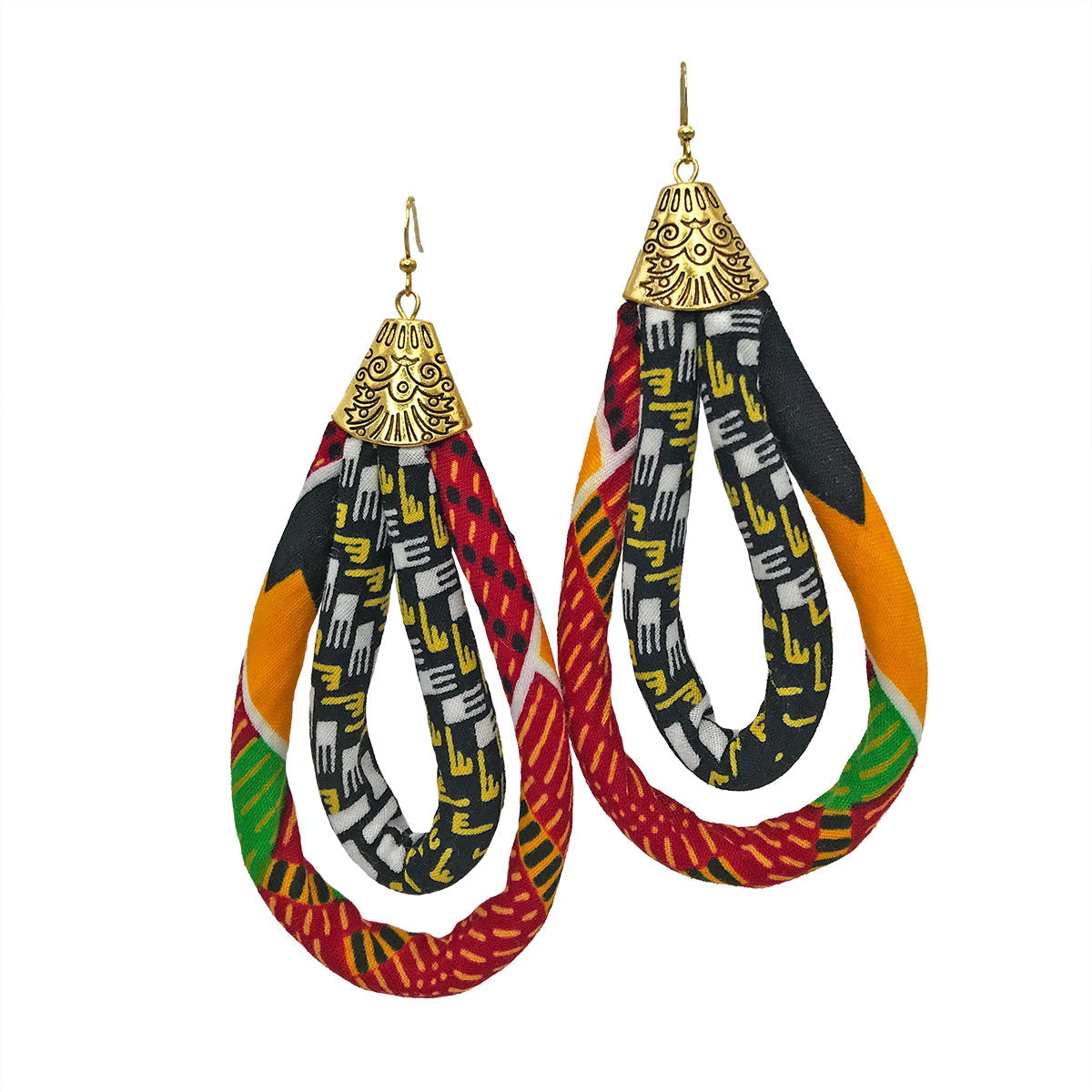 Kente Earrings | African Earrings | Double Loop Kente Ankara Earrings | Afro Earrings | Ankara Print Fabric | Africa Hoop Earrings | Afrocentric | Cloth & Cord