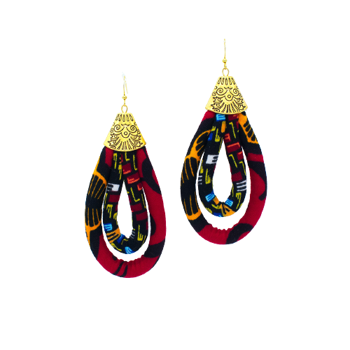 African Cloth Earrings for Women | Red Ankara Hoop Earring | Mini Double Loop Earring | Ketepa Print Earring | African Print Jewelry Red | Cloth & Cord