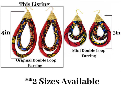 African Tribe Jewelry | Red Africa Earrings | Ankara African Double Loop Earrings | Red, Black, Yellow | African Hoop Earrings | Ethnic Hoops | Cloth & Cord