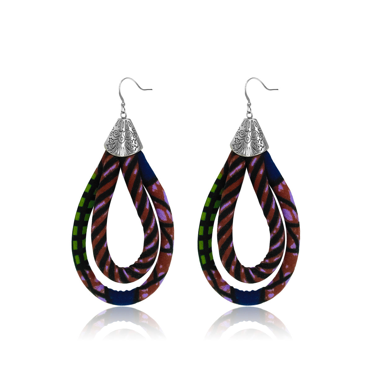 African Tribe Jewelry | Purple Ankara Earrings | Ankara African Double Loop Earrings | Purple, Green, Navy blue | African Hoop Earrings | Ethnic Hoops | Cloth & Cord