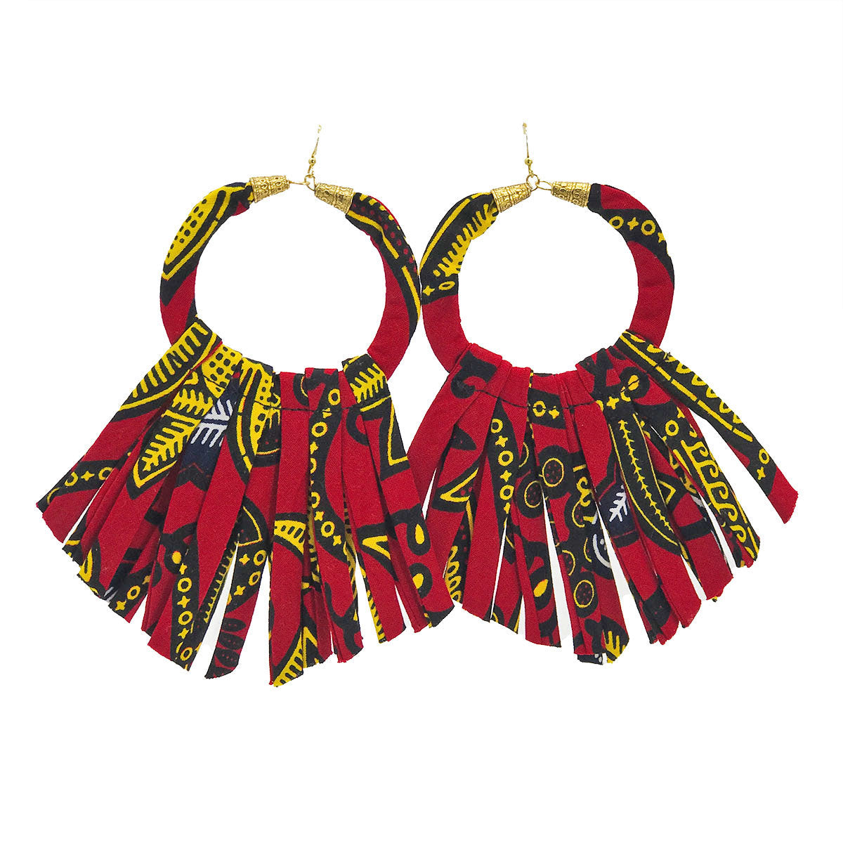 Crimson Red African Tassel Earrings - Fringe Wax Print Earrings - Red Yellow Black Ankara Earrings -