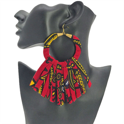 Crimson Red African Tassel Earrings - Fringe Wax Print Earrings - Red Yellow Black Ankara Earrings -