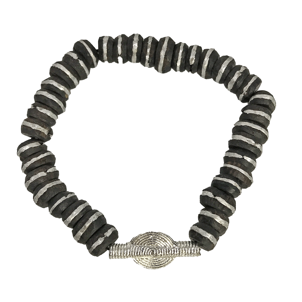 African Ebony Wood Bead w- Silver Inlay, Ghana Black Krobo Glass Bead and Kenya Bone Bead Bracelet Set