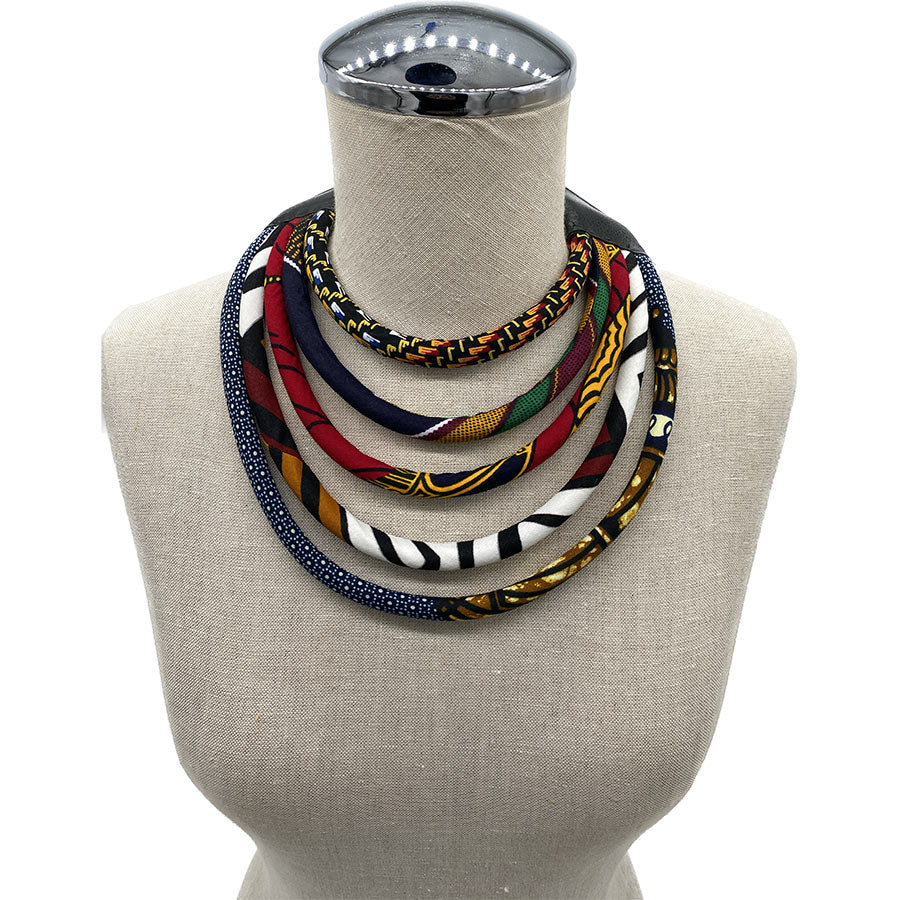 African Kuba Print Necklace | Black, Blue, White and Fiery Red Collar | Congo Jewelry | Rope Necklace | Cloth & Cord