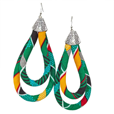 African Turquoise Cloth Print Earrings | Turquoise, Red, White, Black, Green, Yellow Earrings |  Large African Fabric Earrings | Cloth & Cord