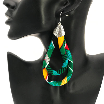 African Turquoise Cloth Print Earrings | Turquoise, Red, White, Black, Green, Yellow Earrings |  Large African Fabric Earrings | Cloth & Cord