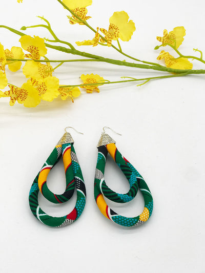 African Turquoise Cloth Print Earrings | Turquoise, Red, White, Black, Green, Yellow Earrings |  Large African Fabric Earrings | Cloth & Cord