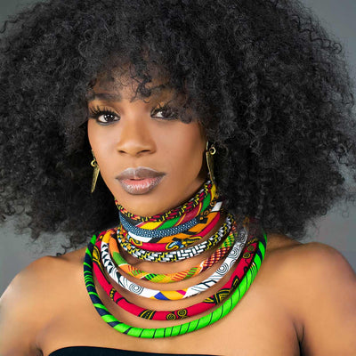 African Jewelry for Women | African Wax Necklace  | Queen Africa Print Bib Necklace and Choker Set | Maasai Jewelry | Red, Yellow, Green, Black | Afrocentric | Cloth & Cord