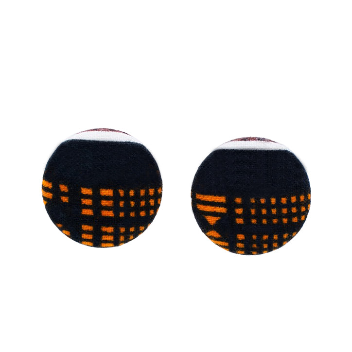 African Print Small Button Earrings | Ankara Earrings | Round African Fabric Earrings | Stud earrings | Afrocentric Jewelry | Black, Orange, & White