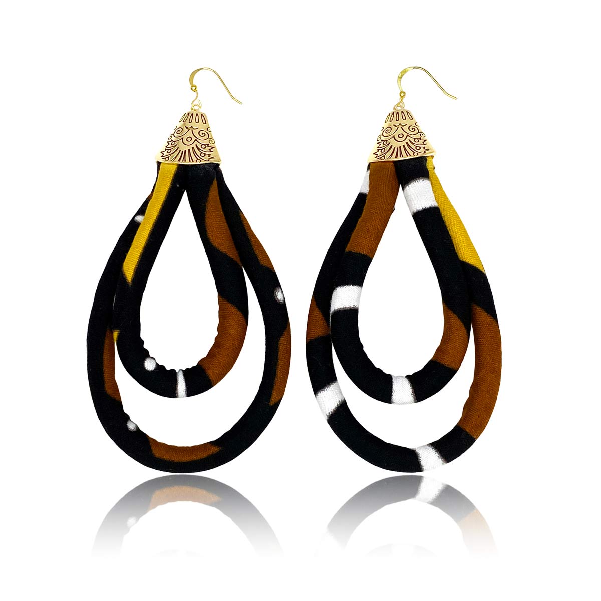 African Mud Cloth Print Earrings | Brown, Yellow, Gold, Black Earrings |  Large African Fabric Earrings | Cloth & Cord