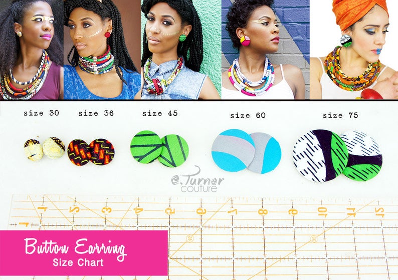 African Print Small Button Earrings | Ankara Earrings | Round African Fabric Earrings | Stud earrings | Afrocentric Jewelry | Black, Orange, & White