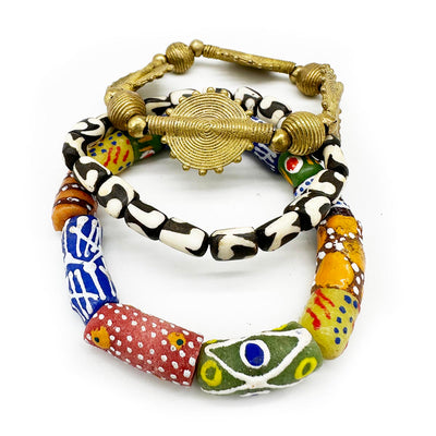 African Kenya White and Batik Bone Bead, Krobo and Brass Bead Bracelet Set