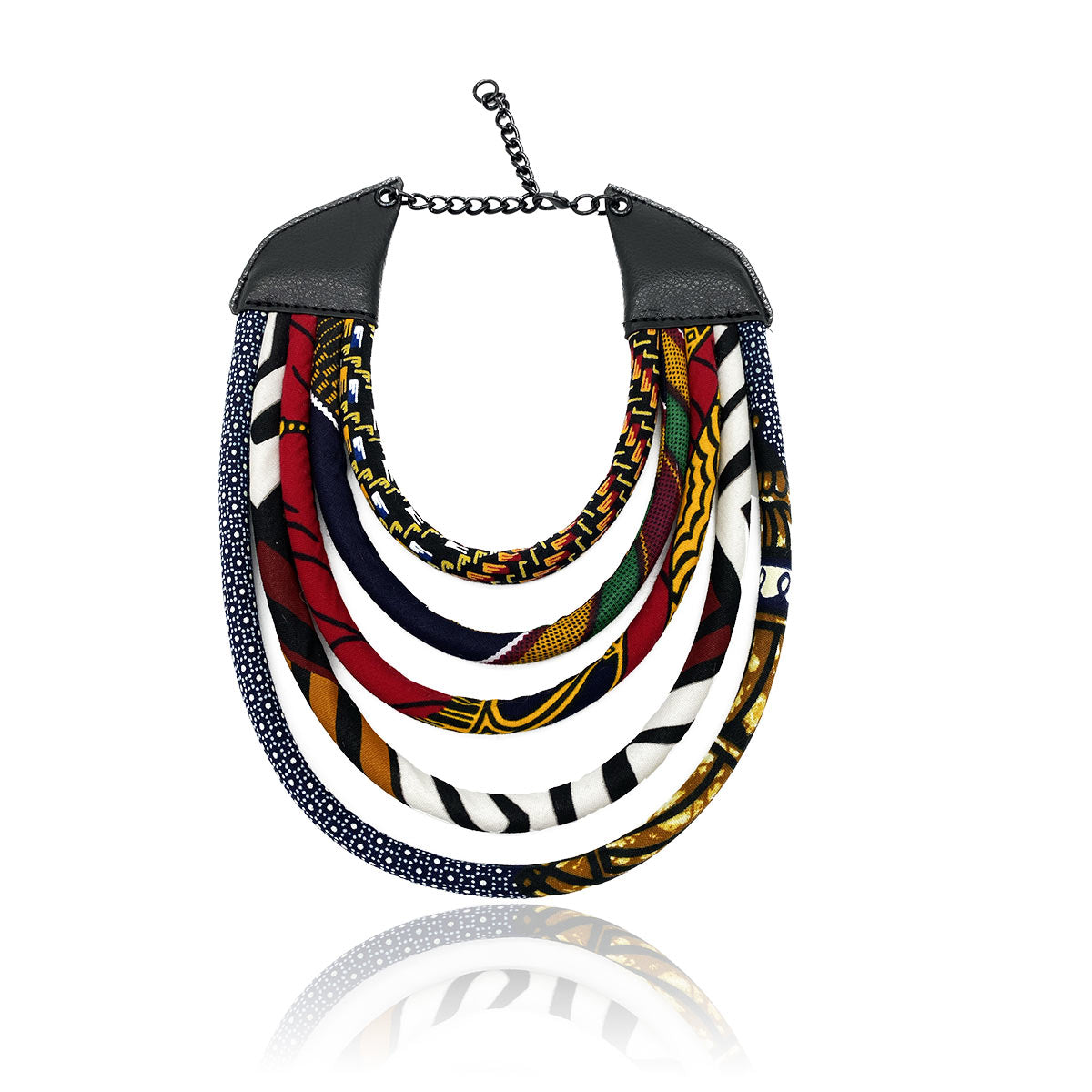 African Kuba Print Necklace | Black, Blue, White and Fiery Red Collar | Congo Jewelry | Rope Necklace | Cloth & Cord