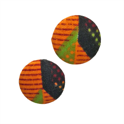 Button Earrings | African Wax Print | Ankara Earrings | Afrocentric Jewelry | Orange, Green, & Black